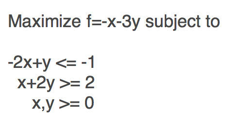 Maximize f=-x-3y subject to
-2x+y <= -1
X+2y >= 2
X,y >= 0
