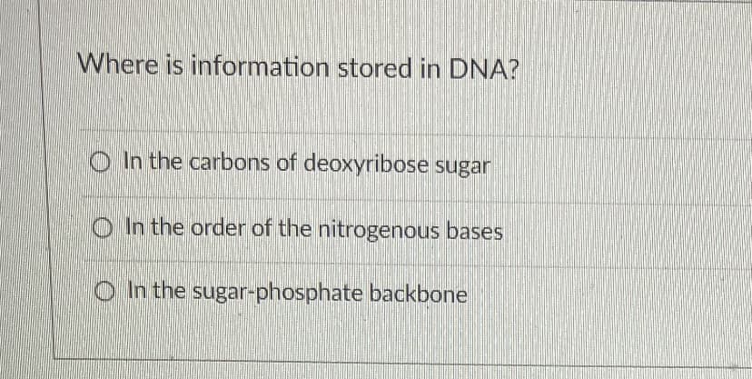 Where is information stored in DNA?
O In the carbons of deoxyribose sugar
O In the order of the nitrogenous bases
O In the sugar-phosphate backbone
