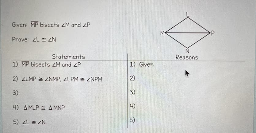 Given: MP bisects <M and <P
Prove ZL ZN
Statements
1) MP bisects ZM and ZP
2) ZLMP NMP, ZLPM NPM
3)
4) AMLP A MNP
5) ZL ZN
1) Given
2)
3)
4)
5)
M
Reasons