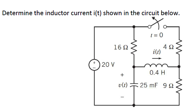 Determine the inductor current i(t) shown in the circuit below.
t = 0
4Ω
i(t)
16 2
20 V
0.4 H
+
v(t)
25 mF 9 2.
