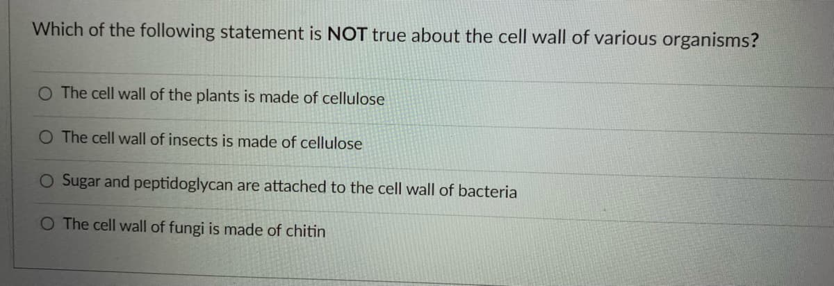 Which of the following statement is NOT true about the cell wall of various organisms?
O The cell wall of the plants is made of cellulose
O The cell wall of insects is made of cellulose
O Sugar and peptidoglycan are attached to the cell wall of bacteria
O The cell wall of fungi is made of chitin
