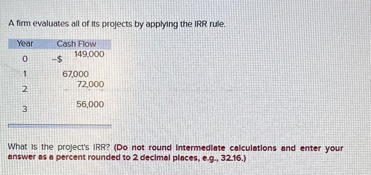 A firm evaluates all of its projects by applying the IRR rule.
Year
0
1
2
3
Cash Flow
-$
149,000
67,000
72,000
56,000
What is the project's IRR? (Do not round Intermediate calculations and enter your
answer as a percent rounded to 2 decimal places, e.g., 32.16.)