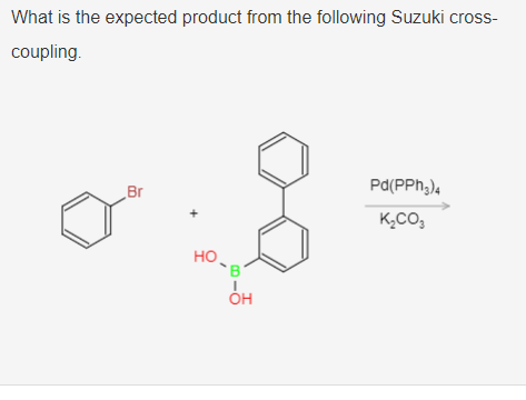 What is the expected product from the following Suzuki cross-
coupling.
Br
HO
B
I
OH
Pd(PPh ₂)4
K₂CO3