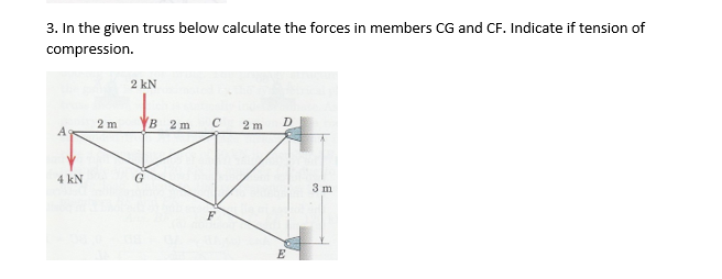 3. In the given truss below calculate the forces in members CG and CF. Indicate if tension of
compression.
2 kN
2 m
B 2 m
2 m
A
4 kN
G
3 m
