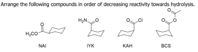 Arrange the following compounds in order of decreasing reactivity towards hydrolysis.
H2N.
H,CO
NAI
IYK
КАН
BCS
