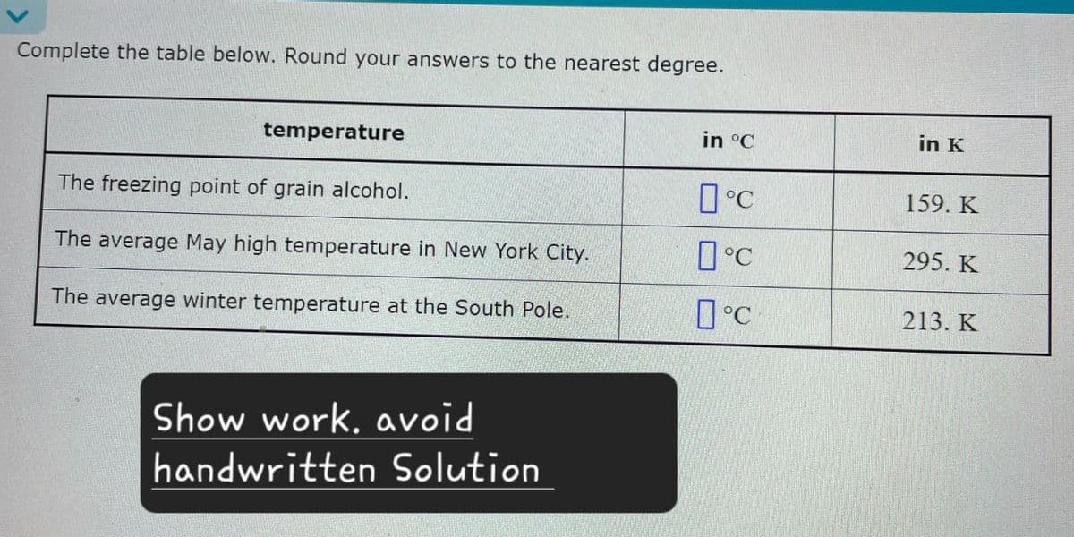 Complete the table below. Round your answers to the nearest degree.
temperature
in °C
in K
The freezing point of grain alcohol.
☐ °C
159. K
The average May high temperature in New York City.
☐ °C
295. K
The average winter temperature at the South Pole.
Пос
213. K
Show work, avoid
handwritten Solution