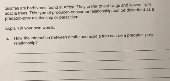 Giraffes are herbivores found in Africa. They prefer to eat twigs and leaves from
acacia trees. This type of producer-consumer relationship can be described as a
predator-prey relationship or parasitism.
Explain in your own words.
How the interaction between giraffe and acacia tree can be a predator-prey
relationship?
a.
