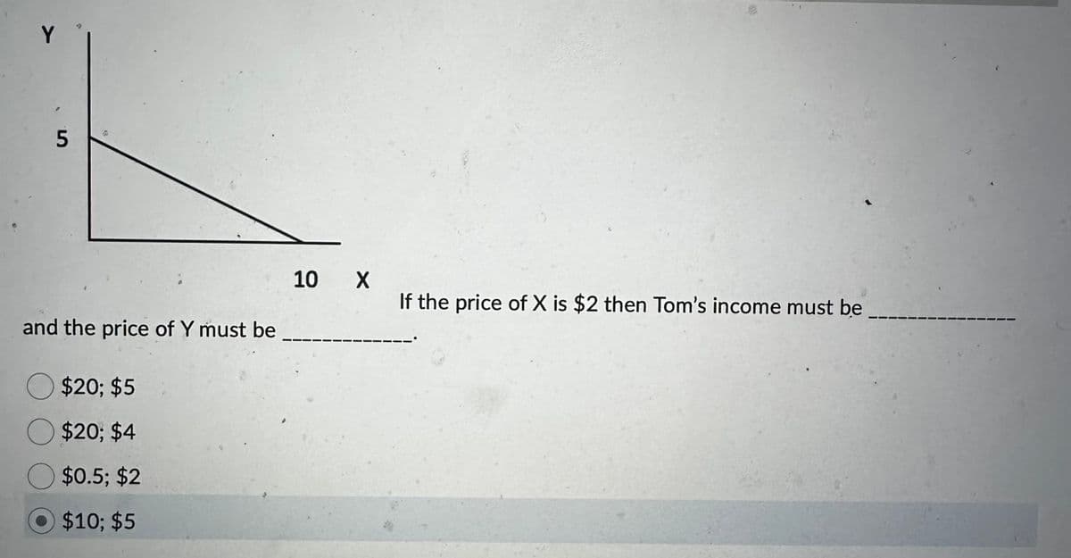 5
3
and the price of Y must be
O $20; $5
O $20, $4
$0.5; $2
$10; $5
10
X
If the price of X is $2 then Tom's income must be