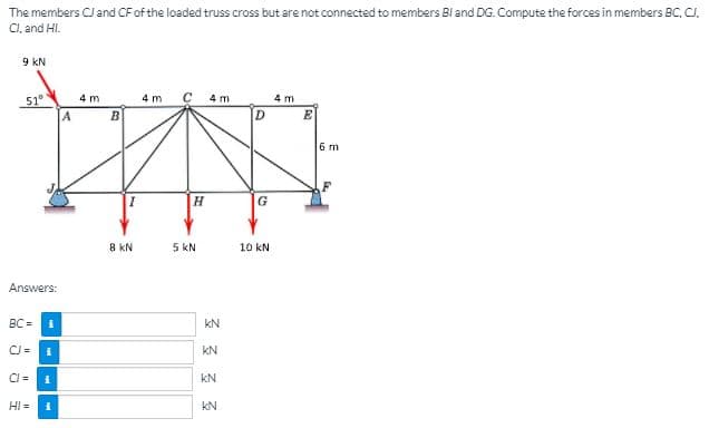 The members CJ and CF of the loaded truss cross but are not connected to members Bl and DG. Compute the forces in members BC, CJ.
CI, and HI.
9 kN
51°
4 m
4 m
C
4 m
4 m
A
B
E
6 m
H
G
8 kN
5 kN
10 kN
Answers:
BC =
kN
CJ =
kN
kN
HI =
kN
