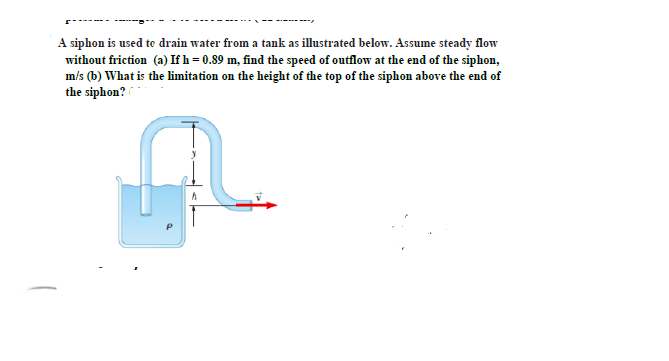 A siphon is used te drain water from a tank as illustrated below. Assume steady flow
without friction (a) If h= 0.89 m, find the speed of outflow at the end of the siphon,
m/s (b) What is the limitation on the height of the top of the siphon above the end of
the siphon?
