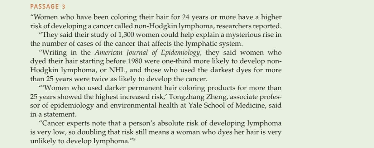 PASSAGE 3
"Women who have been coloring their hair for 24 years or more have a higher
risk of developing a cancer called non-Hodgkin lymphoma, researchers reported.
"They said their study of 1,300 women could help explain a mysterious rise in
the number of cases of the cancer that affects the lymphatic system.
"Writing in the American Journal of Epidemiology, they said women who
dyed their hair starting before 1980 were one-third more likely to develop non-
Hodgkin lymphoma, or NHL, and those who used the darkest dyes for more
than 25 years were twice as likely to develop the cancer.
"Women who used darker permanent hair coloring products for more than
25 years showed the highest increased risk,' Tongzhang Zheng, associate profes-
sor of epidemiology and environmental health at Yale School of Medicine, said
in a statement.
"Cancer experts note that a person's absolute risk of developing lymphoma
is very low, so doubling that risk still means a woman who dyes her hair is very
unlikely to develop lymphoma."5
