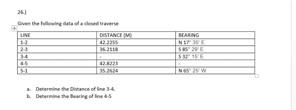26.)
Given the following data of a closed traverse
LINE
DISTANCE (M)
BEARING
1-2
42.2255
N 17° 35' E
S 85° 29' E
S 32° 15' E
2-3
36.2118
3-4
4-5
42.8223
5-1
35.2624
N 65° 25' W
a. Determine the Distance of line 3-4.
b. Determine the Bearing of line 4-5
