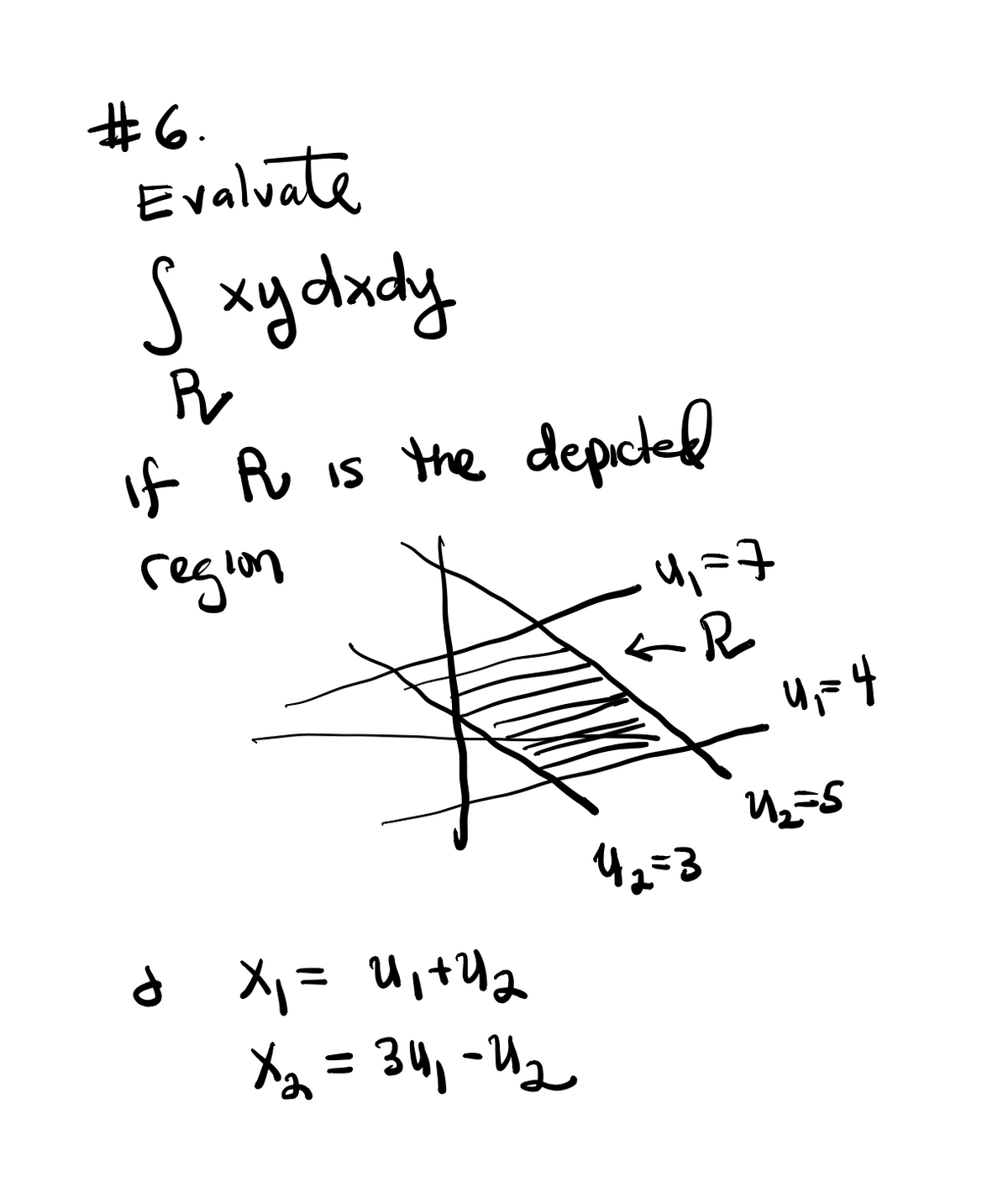 #6.
Evalvate
s xydxcy
R
if Ru is the depicted
IS
reglon
d X, = U,+U2
Xy = 34, -U2
