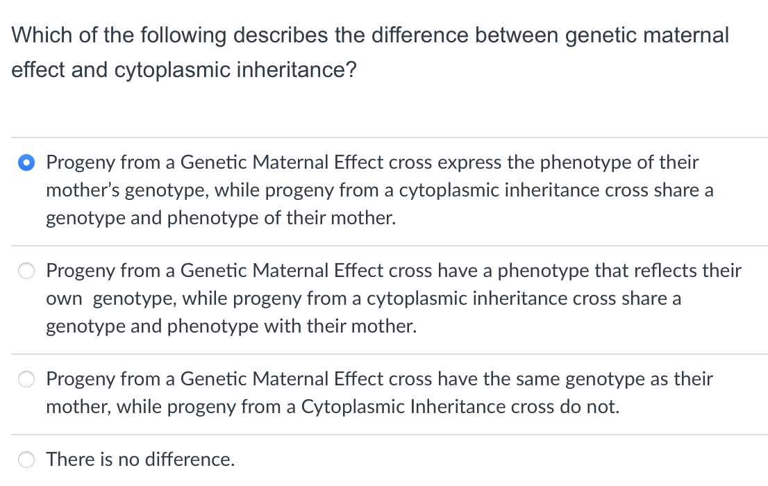 Which of the following describes the difference between genetic maternal
effect and cytoplasmic inheritance?
O Progeny from a Genetic Maternal Effect cross express the phenotype of their
mother's genotype, while progeny from a cytoplasmic inheritance cross share a
genotype and phenotype of their mother.
Progeny from a Genetic Maternal Effect cross have a phenotype that reflects their
own genotype, while progeny from a cytoplasmic inheritance cross share a
genotype and phenotype with their mother.
Progeny from a Genetic Maternal Effect cross have the same genotype as their
mother, while progeny from a Cytoplasmic Inheritance cross do not.
There is no difference.

