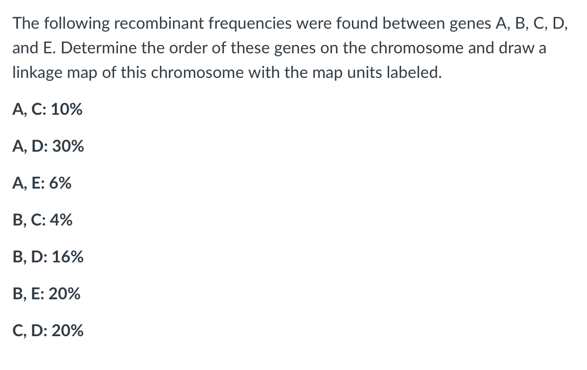 The following recombinant frequencies were found between genes A, B, C, D,
and E. Determine the order of these genes on the chromosome and draw a
linkage map of this chromosome with the map units labeled.
А, С: 10%
А, D: 30%
А, Е: 6%
В, С: 4%
В, D: 16%
В, Е: 20%
C, D: 20%
