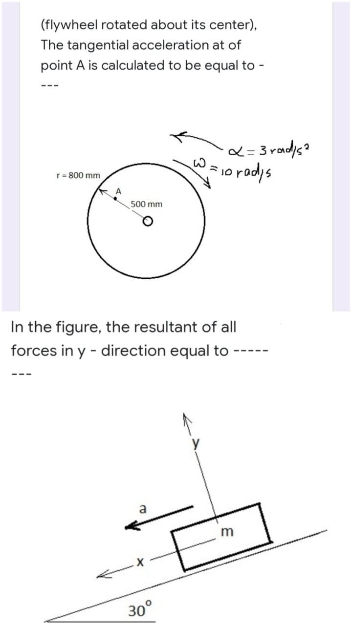 (flywheel rotated about its center),
The tangential acceleration at of
point A is calculated to be equal to
r = 800 mm
500 mm
In the figure, the resultant of all
forces in y- direction equal to
a
A
X
30°
x=3rad/s²
2
W = 10 rad/s