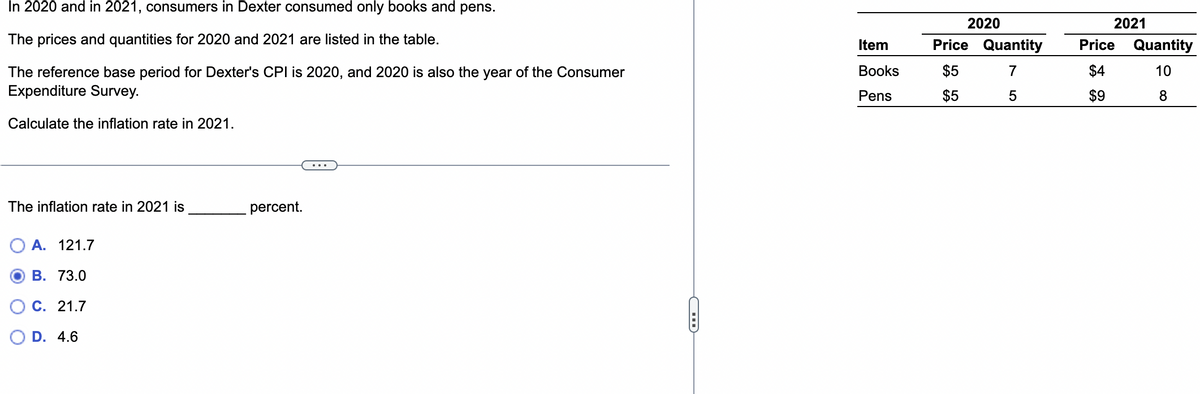 In 2020 and in 2021, consumers in Dexter consumed only books and pens.
The prices and quantities for 2020 and 2021 are listed in the table.
The reference base period for Dexter's CPI is 2020, and 2020 is also the year of the Consumer
Expenditure Survey.
Calculate the inflation rate in 2021.
The inflation rate in 2021 is
A. 121.7
B. 73.0
C. 21.7
D. 4.6
percent.
ID
Item
Books
Pens
2020
2021
Price Quantity Price Quantity
10
$5
7
$4
$5
5
8
$9