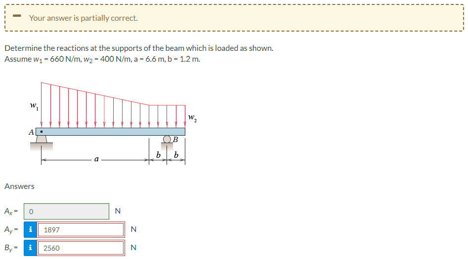 Your answer is partially correct.
Determine the reactions at the supports of the beam which is loaded as shown.
Assume w₁ = 660 N/m, w₂ = 400 N/m, a = 6.6 m, b = 1.2 m.
Ax=
Ay =
By=
W₁
Answers
0
i 1897
i 2560
a
N
Z Z
N
b
b
W₂