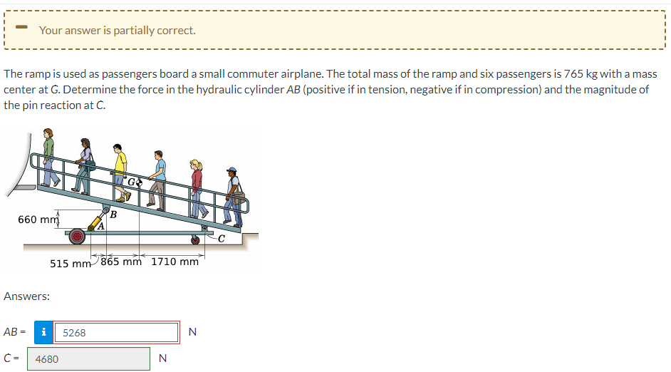 Your answer is partially correct.
The ramp is used as passengers board a small commuter airplane. The total mass of the ramp and six passengers is 765 kg with a mass
center at G. Determine the force in the hydraulic cylinder AB (positive if in tension, negative if in compression) and the magnitude of
the pin reaction at C.
660 mm
Answers:
ਚਿਤ ਕਰ
GO
B
515 mm 865 mm 1710 mm
AB= i 5268
c= 4680
N
N