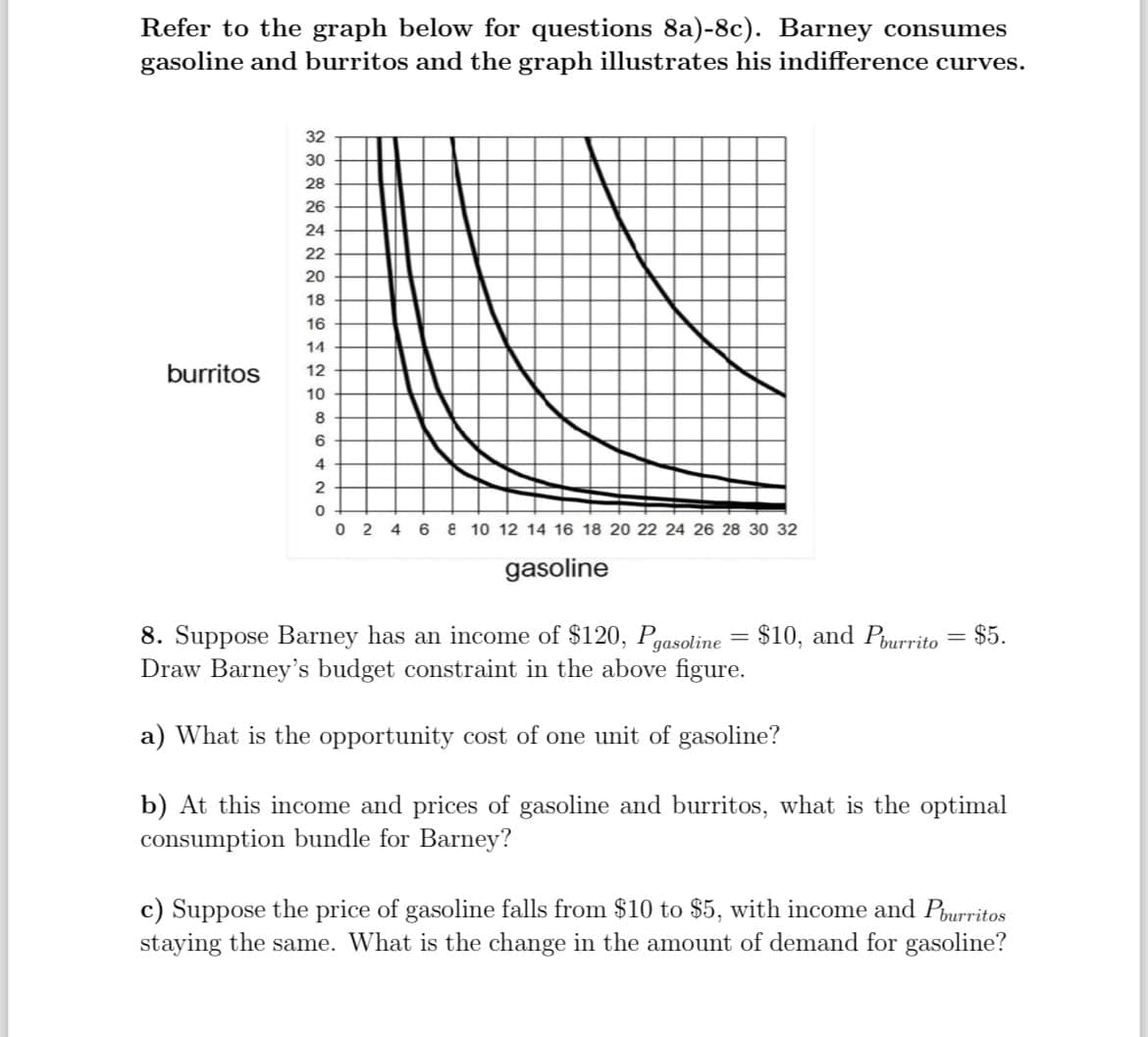Refer to the graph below for questions 8a)-8c). Barney consumes
gasoline and burritos and the graph illustrates his indifference curves.
32
30
28
26
24
22
20
18
16
14
burritos
12
10
8
6
4
2
0
02
4 6 8 10 12 14 16 18 20 22 24 26 28 30 32
gasoline
8. Suppose Barney has an income of $120, Pgasoline = $10, and Pburrito = $5.
Draw Barney's budget constraint in the above figure.
a) What is the opportunity cost of one unit of gasoline?
b) At this income and prices of gasoline and burritos, what is the optimal
consumption bundle for Barney?
c) Suppose the price of gasoline falls from $10 to $5, with income and Pburritos
staying the same. What is the change in the amount of demand for gasoline?