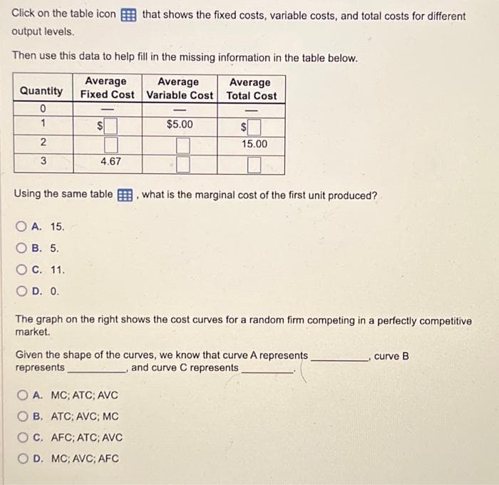 Click on the table icon that shows the fixed costs, variable costs, and total costs for different
output levels.
Then use this data to help fill in the missing information in the table below.
Quantity
0
1
2
3
Average
Fixed Cost
O A. 15.
OB. 5.
O C. 11.
O D. 0.
-
$
4.67
Using the same table
Average
Variable Cost
-
OA. MC; ATC; AVC
OB. ATC, AVC; MC
OC. AFC; ATC; AVC
O D. MC; AVC; AFC
$5.00
Average
Total Cost
$
15.00
what is the marginal cost of the first unit produced?
The graph on the right shows the cost curves for a random firm competing in a perfectly competitive
market.
Given the shape of the curves, we know that curve A represents
represents
and curve C represents
curve B