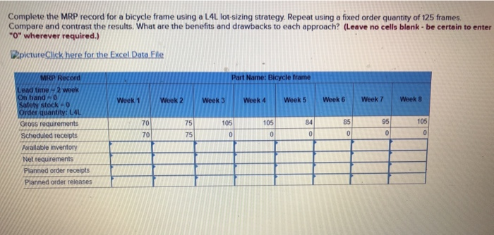 Complete the MRP record for a bicycle frame using a L4L lot-sizing strategy. Repeat using a fixed order quantity of 125 frames.
Compare and contrast the results. What are the benefits and drawbacks to each approach? (Leave no cells blank - be certain to enter
"0" wherever required.)
pictureClick here for the Excel Data File
MRP Record
Lead time-2 week
On hand-0
Safety stock-0
Order quantity: L4L
Gross requirements
Scheduled receipts
Available inventory
Net requirements
Planned order receipts
Planned order releases
Week 1
70
70
Week 2
75
75
Week 3
Part Name: Bicycle frame
105
0
Week 4
105
0
Week 5
84
0
Week 6
85
0
Week 7
95
0
Week 8
105
0