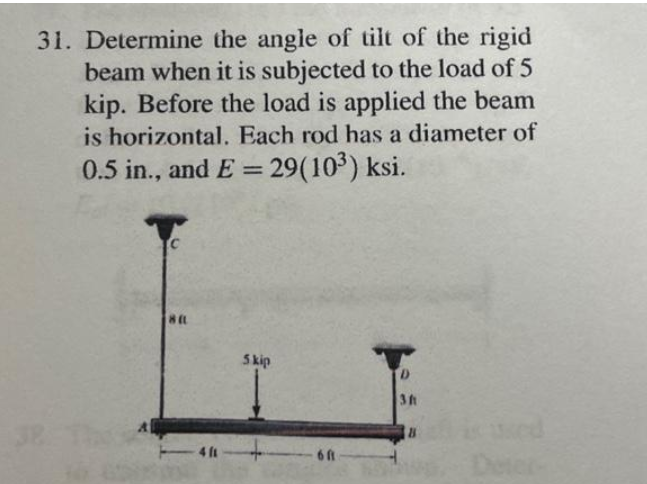 31. Determine the angle of tilt of the rigid
beam when it is subjected to the load of 5
kip. Before the load is applied the beam
is horizontal. Each rod has a diameter of
0.5 in., and E = 29(10³) ksi.
BEL
4 ft
Skip
6 ft
D
3f
8