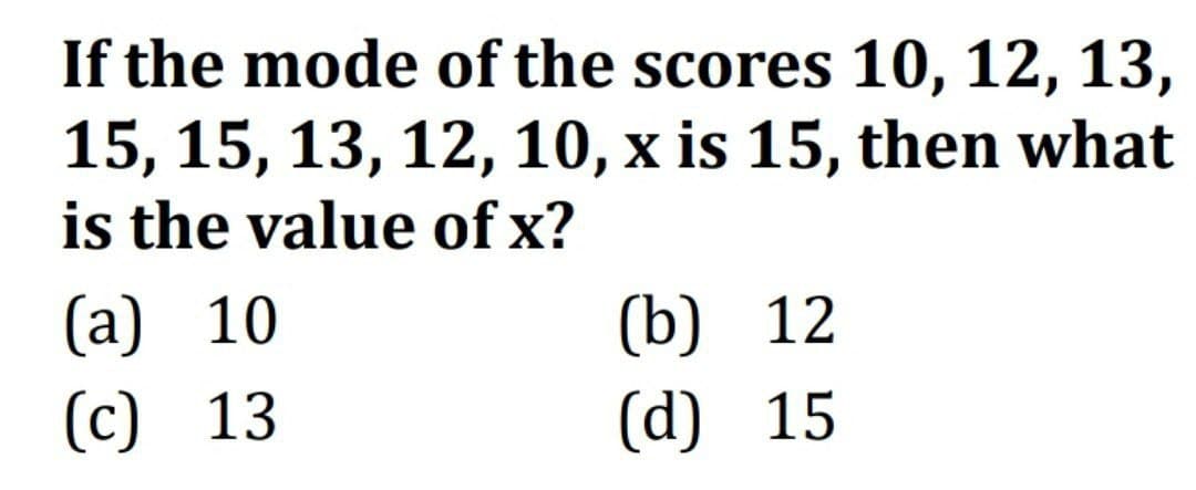 If the mode of the scores 10, 12, 13,
15, 15, 13, 12, 10, x is 15, then what
is the value of x?
(a) 10
(c) 13
(b) 12
(d) 15