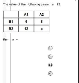The value of the follwoing game is 12
A1
A2
B1 6
8
B2
12
a
then a =
(3
(6
(11
20
