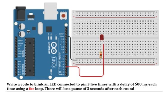 AREF
GND
OREP
18
ESET
3.V
GND
GND
Write a code to blink an LED connected to pin 3 five times with a delay of 500 ms each
time using a for loop. There will be a pause of 3 seconds after each round
..
DIGITAL (PWM -
0O UNO
R ARDUINO
ANALOG IN
