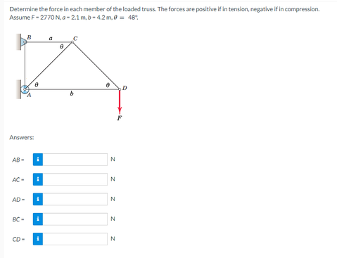Determine the force in each member of the loaded truss. The forces are positive if in tension, negative if in compression.
Assume F-2770 N, a-2.1m, b-4.2 m, 0 = 48%
Answers:
AB-
AC-
AD-
BC-
B
CD
i
i
i
b
8
N
N
N
N
N