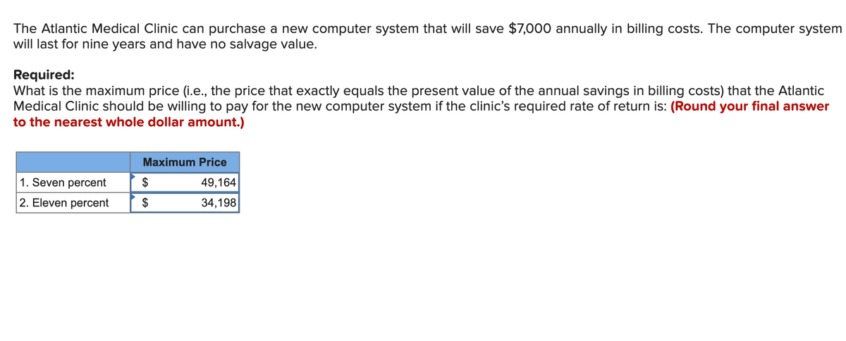 The Atlantic Medical Clinic can purchase a new computer system that will save $7,000 annually in billing costs. The computer system
will last for nine years and have no salvage value.
Required:
What is the maximum price (i.e., the price that exactly equals the present value of the annual savings in billing costs) that the Atlantic
Medical Clinic should be willing to pay for the new computer system if the clinic's required rate of return is: (Round your final answer
to the nearest whole dollar amount.)
Maximum Price
1. Seven percent
$
49,164
2. Eleven percent
$
34,198