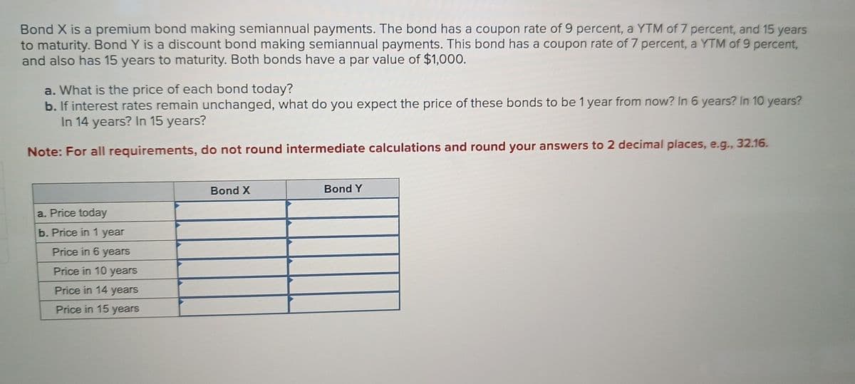 Bond X is a premium bond making semiannual payments. The bond has a coupon rate of 9 percent, a YTM of 7 percent, and 15 years
to maturity. Bond Y is a discount bond making semiannual payments. This bond has a coupon rate of 7 percent, a YTM of 9 percent,
and also has 15 years to maturity. Both bonds have a par value of $1,000.
a. What is the price of each bond today?
b. If interest rates remain unchanged, what do you expect the price of these bonds to be 1 year from now? In 6 years? In 10 years?
In 14 years? In 15 years?
Note: For all requirements, do not round intermediate calculations and round your answers to 2 decimal places, e.g., 32.16.
a. Price today
b. Price in 1 year
Price in 6 years
Price in 10 years
Price in 14 years
Price in 15 years
Bond X
Bond Y