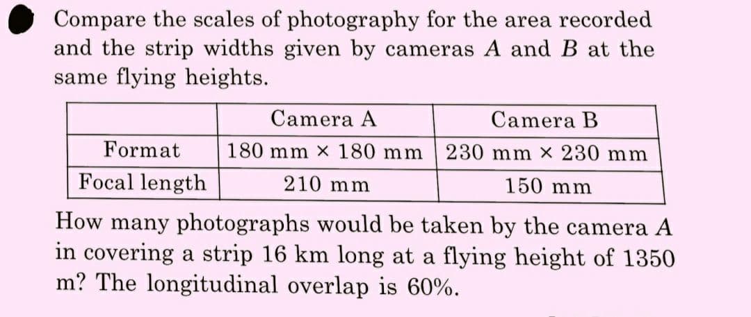 Compare the scales of photography for the area recorded
and the strip widths given by cameras A and B at the
same flying heights.
Camera A
Camera B
Format 180 mm x 180 mm 230 mm x 230 mm
Focal length
210 mm
150 mm
How many photographs would be taken by the camera A
in covering a strip 16 km long at a flying height of 1350
m? The longitudinal overlap is 60%.