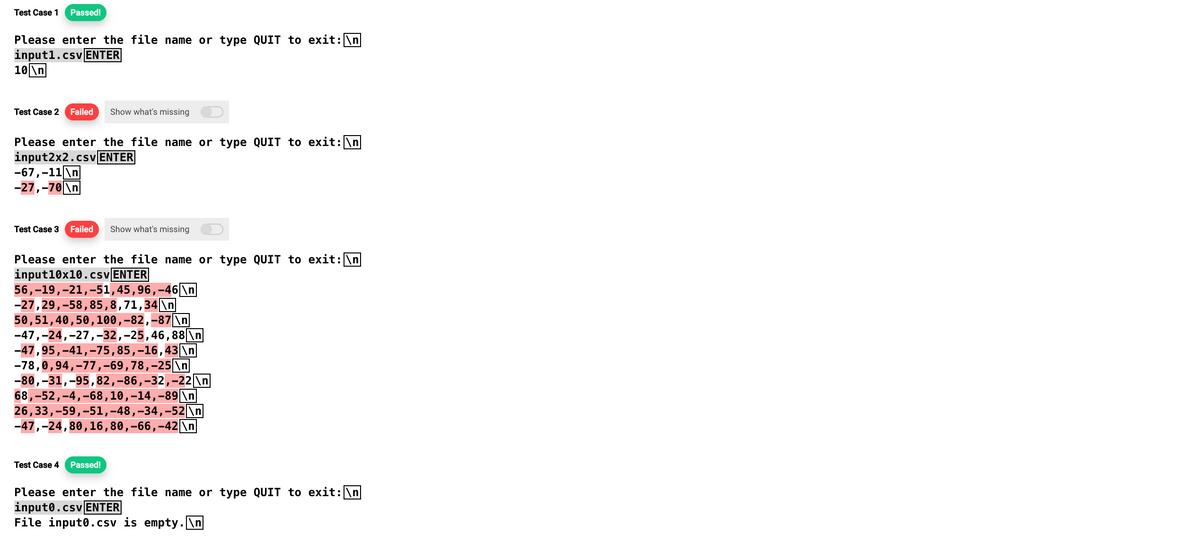 Test Case 1 Passed!
Please enter the file name or type QUIT to exit: \n
input1.csv ENTER
10\n
Test Case 2 Failed Show what's missing
Please enter the file name or type QUIT to exit: \n
input2x2.csv ENTER
-67, -11\n
-27,-70 \n
Test Case 3 Failed Show what's missing
Please enter the file name or type QUIT to exit: \n
input10x10.csv ENTER
56,-19, 21,-51, 45,96,-46\n
-27, 29, -58,85,8, 71,34\n
50,51,40,50, 100,-82, -87 \n
-47,-24,-27,-32,-25, 46, 88 \n
-47,95,-41, -75,85,-16,43 \n
-78,0,94,-77,-69, 78,-25 \n
-80,-31,-95, 82, -86,-32,-22 \n
68,-52,-4,-68, 10,−14, −89|\n|
26,33,-59,-51,-48,-34,-52\n
-47,-24,80,16,80,-66,-42 \n
Test Case 4 Passed!
Please enter the file name or type QUIT to exit: \n
inputo.csv ENTER
File input0 .csv is empty.\n