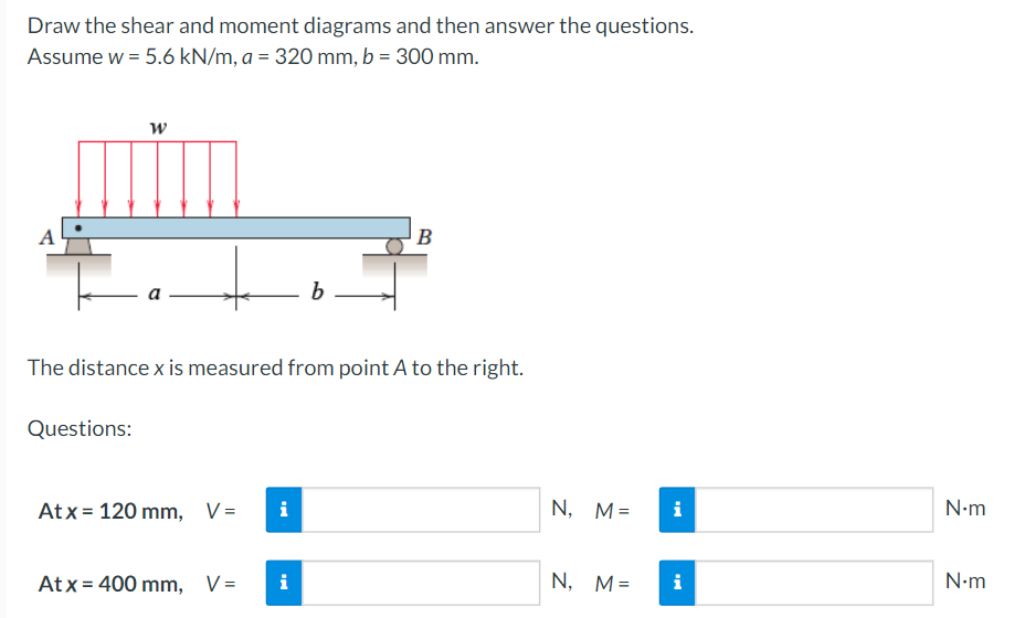 Draw the shear and moment diagrams and then answer the questions.
Assume w = 5.6 kN/m, a = 320 mm, b = 300 mm.
A
B
The distance x is measured from point A to the right.
Questions:
Atx = 120 mm, V=
i
N, M=
i
N-m
Atx = 400 mm, V=
i
N, M=
i
N•m

