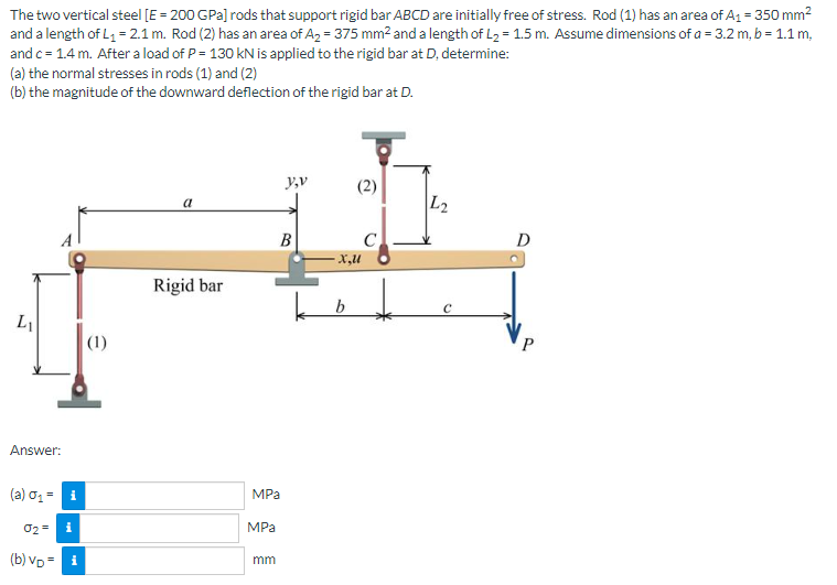 The two vertical steel [E = 200 GPa] rods that support rigid bar ABCD are initially free of stress. Rod (1) has an area of A₁ = 350 mm²
and a length of L₁ = 2.1 m. Rod (2) has an area of A₂ = 375 mm² and a length of L₂ = 1.5 m. Assume dimensions of a = 3.2 m, b = 1.1 m,
and c = 1.4 m. After a load of P = 130 kN is applied to the rigid bar at D, determine:
(a) the normal stresses in rods (1) and (2)
(b) the magnitude of the downward deflection of the rigid bar at D.
y,v
(2)
a
L2
Rigid bar
L₁
Answer:
(a) σ₁ =
i
02= i
(b) VD= i
(1)
B
MPa
MPa
mm
-X,U
b
C
↓
С
D
P