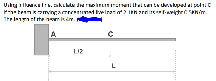 Using influence line, calculate the maximum moment that can be developed at point C
if the beam is carrying a concentrated live load of 2.1KN and its self-weight 0.5KN/m.
The length of the beam is 4m.
A
L/2
L
