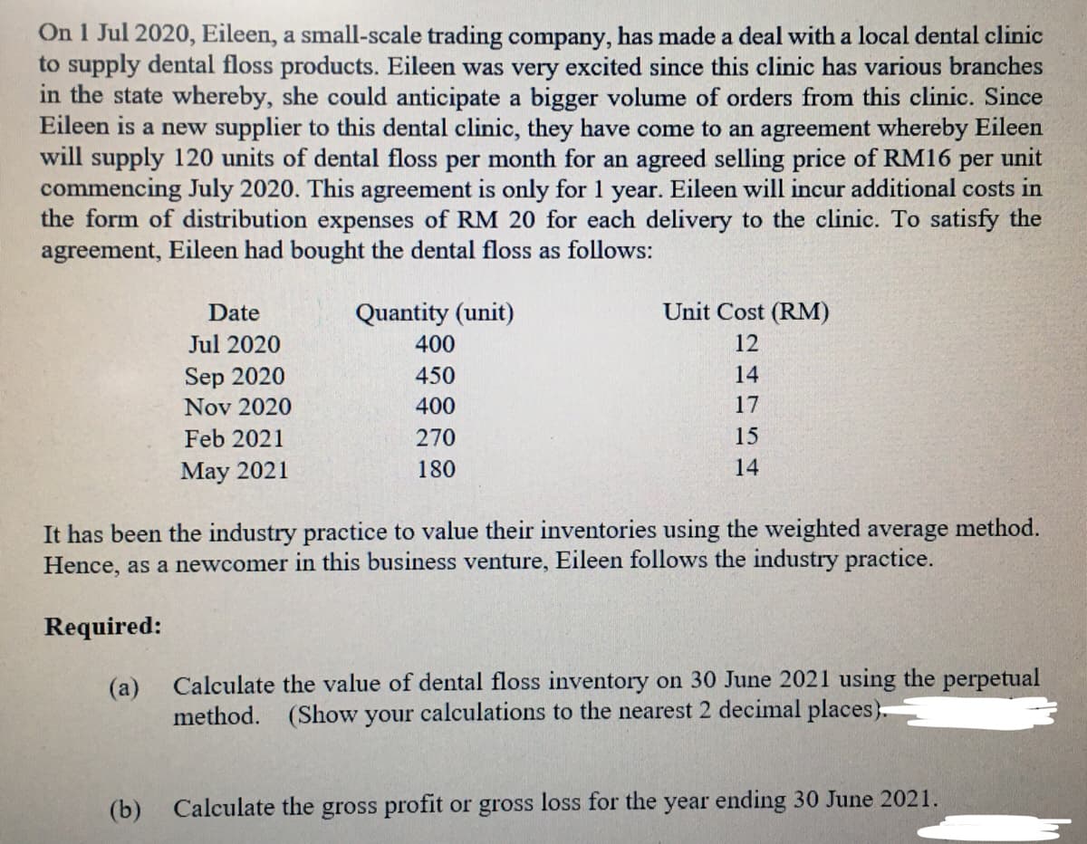 On 1 Jul 2020, Eileen, a small-scale trading company, has made a deal with a local dental clinic
to supply dental floss products. Eileen was very excited since this clinic has various branches
in the state whereby, she could anticipate a bigger volume of orders from this clinic. Since
Eileen is a new supplier to this dental clinic, they have come to an agreement whereby Eileen
will supply 120 units of dental floss per month for an agreed selling price of RM16
commencing July 2020. This agreement is only for 1 year. Eileen will incur additional costs in
the form of distribution expenses of RM 20 for each delivery to the clinic. To satisfy the
agreement, Eileen had bought the dental floss as follows:
per
unit
Date
Quantity (unit)
Unit Cost (RM)
Jul 2020
400
12
Sep 2020
450
14
Nov 2020
400
17
Feb 2021
270
15
May 2021
180
14
It has been the industry practice to value their inventories using the weighted average method.
Hence, as a newcomer in this business venture, Eileen follows the industry practice.
Required:
(a) Calculate the value of dental floss inventory on 30 June 2021 using the perpetual
method. (Show your calculations to the nearest 2 decimal places).
(b) Calculate the gross profit or gross loss for the year ending 30 June 2021.
