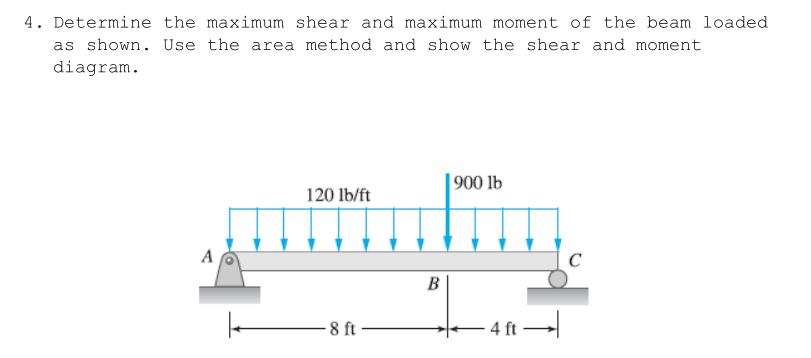 4. Determine the maximum shear and maximum moment of the beam loaded
as shown. Use the area method and show the shear and moment
diagram.
| 900 lb
120 lb/ft
A
C
B
- 8 ft-
– 4 ft -
