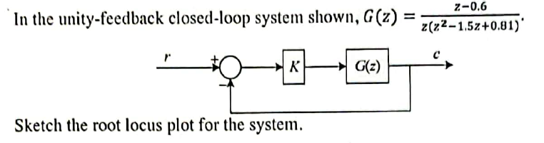 In the unity-feedback closed-loop system shown, G(z)
q
Sketch the root locus plot for the system.
K
G(z)
=
Z-0.6
z(z2-1.5z+0.81)'