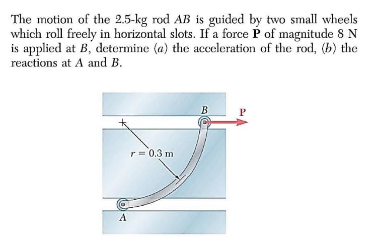 The motion of the 2.5-kg rod AB is guided by two small wheels
which roll freely in horizontal slots. If a force P of magnitude 8 N
is applied at B, determine (a) the acceleration of the rod, (b) the
reactions at A and B.
В
r = 0.3 m
A
