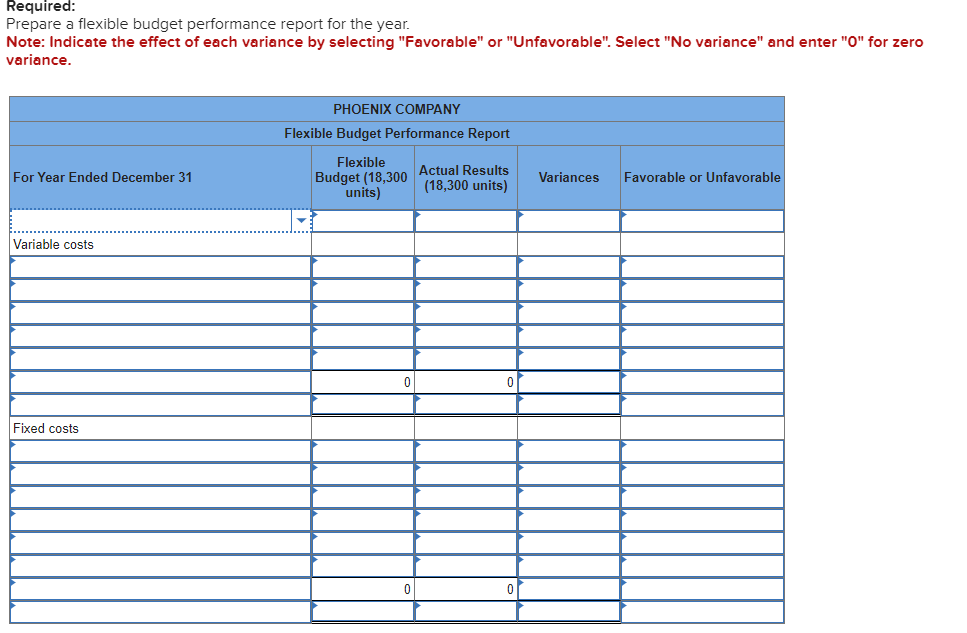 Required:
Prepare a flexible budget performance report for the year.
Note: Indicate the effect of each variance by selecting "Favorable" or "Unfavorable". Select "No variance" and enter "O" for zero
variance.
For Year Ended December 31
Variable costs
Fixed costs
PHOENIX COMPANY
Flexible Budget Performance Report
Flexible
Actual Results
Budget (18,300 (18,300 units)
units)
0
0
0
Variances
Favorable or Unfavorable