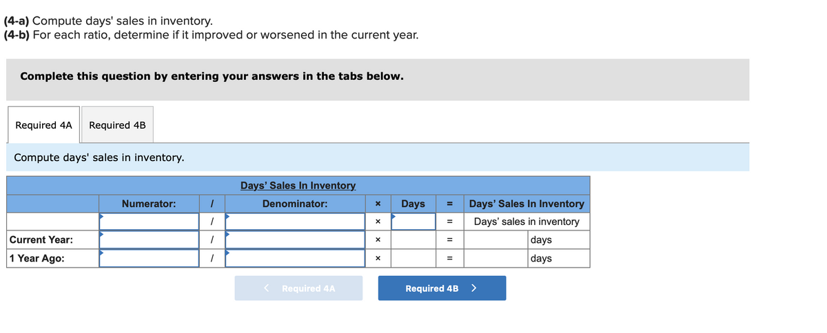 (4-a) Compute days' sales in inventory.
(4-b) For each ratio, determine if it improved or worsened in the current year.
Complete this question by entering your answers in the tabs below.
Required 4A Required 4B
Compute days' sales in inventory.
Current Year:
1 Year Ago:
Numerator:
1
1
1
Days' Sales In Inventory
Denominator:
Required 4A
X
X
X
X
Days
=
=
=
=
Required 4B
Days' Sales In Inventory
Days' sales in inventory
>
days
days
