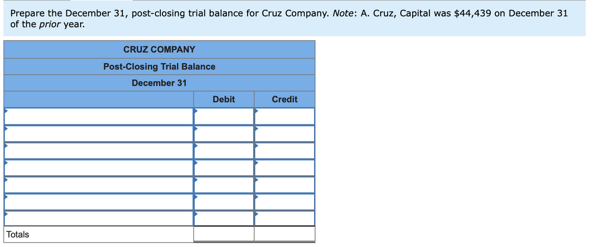 Prepare the December 31, post-closing trial balance for Cruz Company. Note: A. Cruz, Capital was $44,439 on December 31
of the prior year.
CRUZ COMPANY
Post-Closing Trial Balance
December 31
Debit
Credit
Totals
