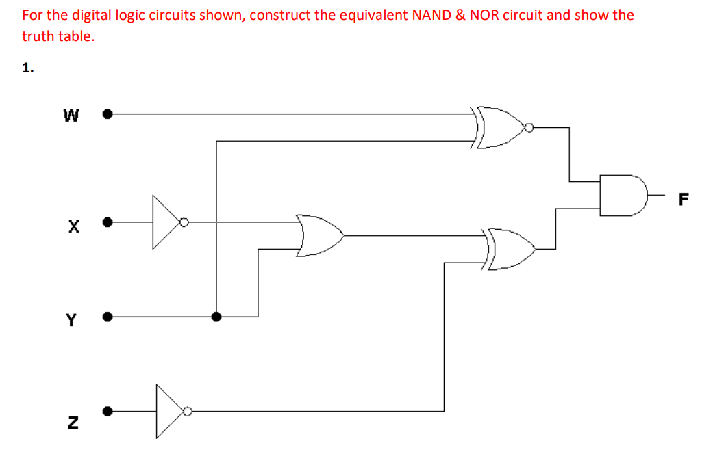 For the digital logic circuits shown, construct the equivalent NAND & NOR circuit and show the
truth table.
1.
W
F
