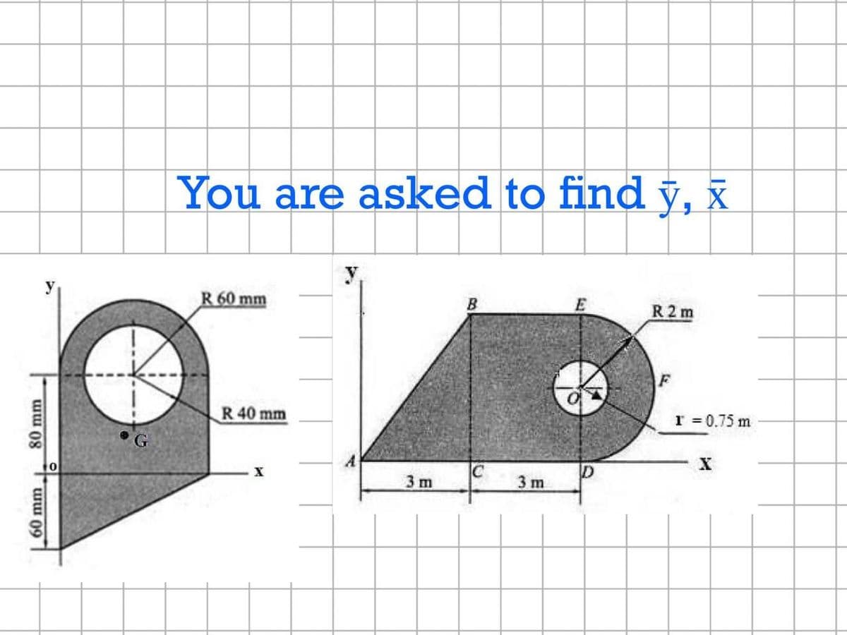 You are asked to find y, x
y
y
R 60 mm
B.
R2 m
F
R 40 mm
T = 0.75 m
3 m
3 m
60 mm 80 mm

