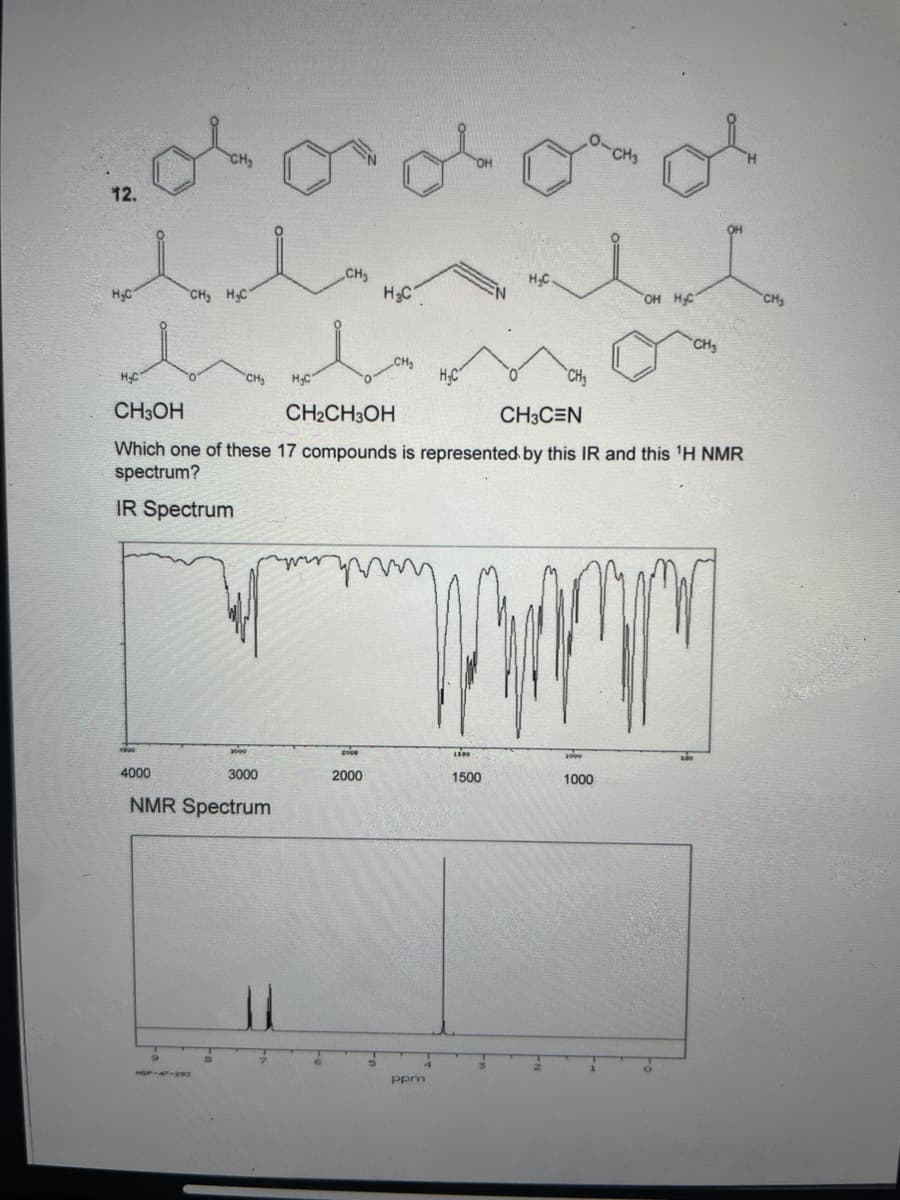 12.
H₂C
H₂C
1900
4000
CH₂
CH₂ H₂C
CH₂ H₂C
HSP-47-293
3000
3000
NMR Spectrum
ul
CH₂
6
CH3OH
CH₂CH3OH
CH3CEN
Which one of these 17 compounds is represented by this IR and this ¹H NMR
spectrum?
IR Spectrum
тыры
H₂C
2009
2000
CH₂
ppm
H₂C
4
OH
1300
H₂C.
1500
CH₂
O-CH3
1000
OH H₂C
1000
CH₂
o
CH₂