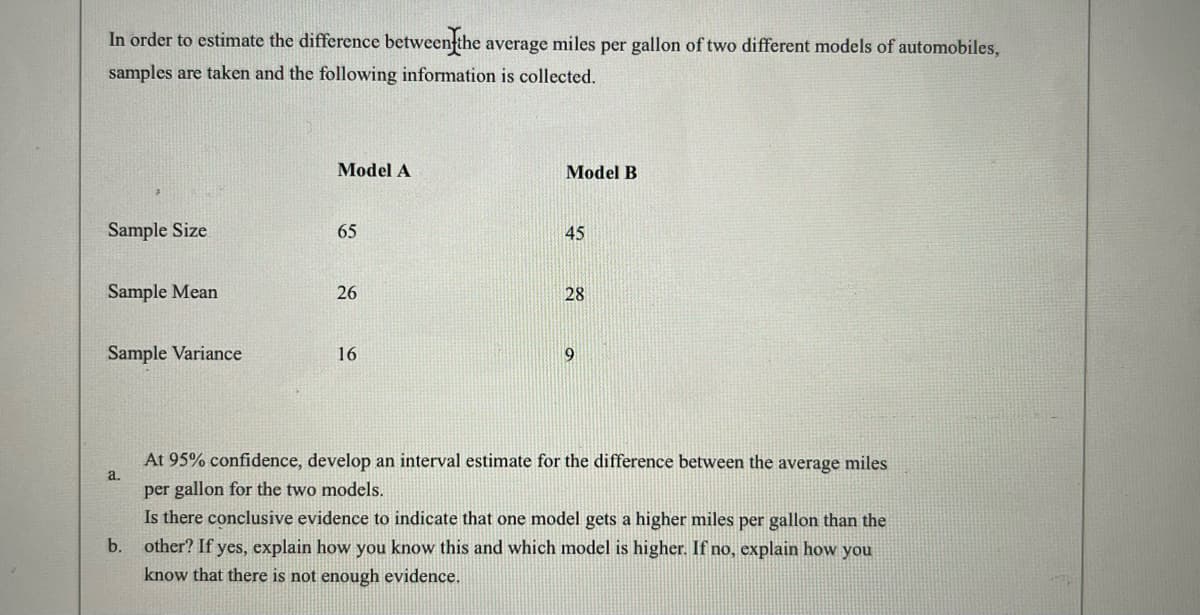In order to estimate the difference between the average miles per gallon of two different models of automobiles,
samples are taken and the following information is collected.
Sample Size
Sample Mean
Sample Variance
Model A
a.
65
26
16
Model B
45
28
a
9
At 95% confidence, develop an interval estimate for the difference between the average miles
per gallon for the two models.
Is there conclusive evidence to indicate that one model gets a higher miles per gallon than the
b. other? If yes, explain how you know this and which model is higher. If no, explain how you
know that there is not enough evidence.