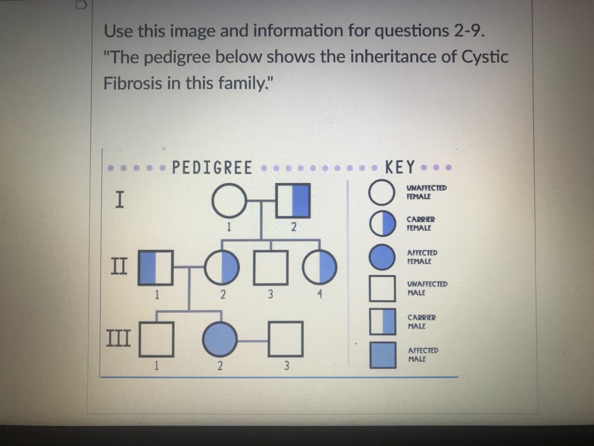 Use this image and information for questions 2-9.
"The pedigree below shows the inheritance of Cystic
Fibrosis in this family."
PEDIGREE
KEY
UNAFFECTED
FEMALE
2
CARRIER
FEMALE
II I
AFFECTED
FEMALE
UNAFFECTED
MALE
2 3 4
CARRIER
MALE
III
AFFECTED
MALE
1
2
3

